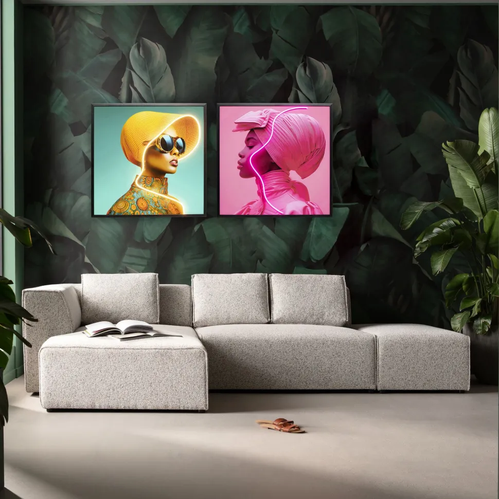 Gerahmtes Bild Sun Hat Woman Gelb LED 80x80cm