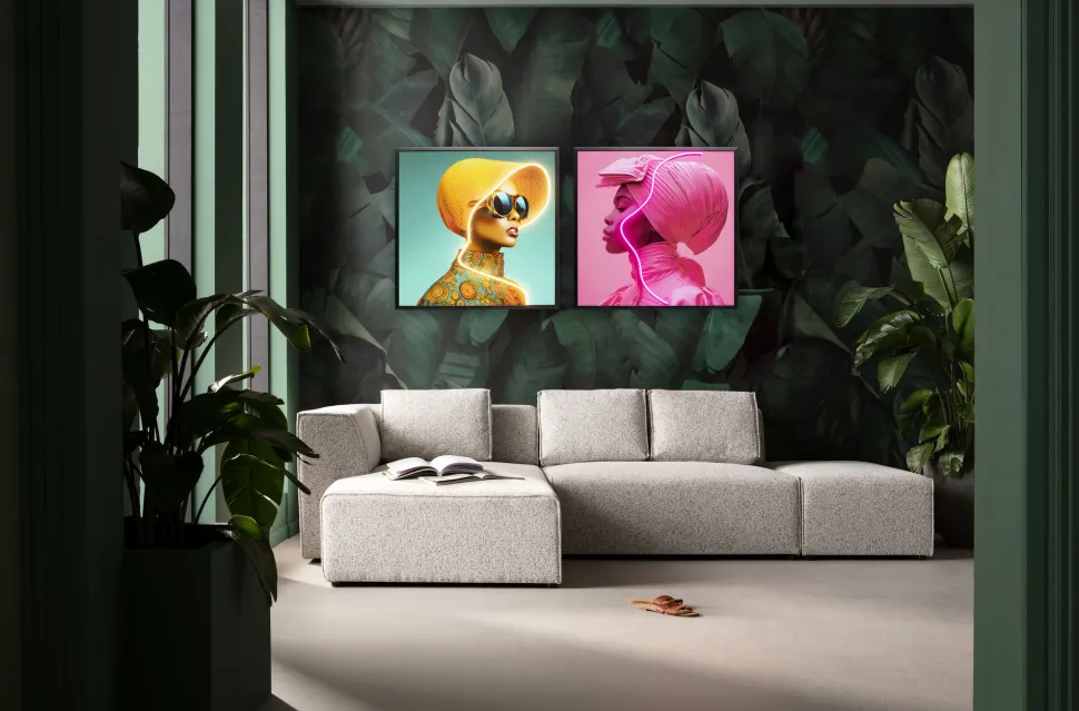 Gerahmtes Bild Sun Hat Woman Gelb LED 80x80cm